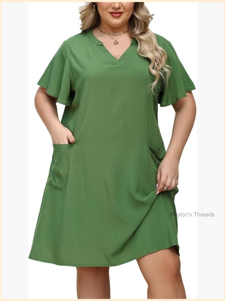 Plus Size Midi Shift Dress Short Sleeve V Neck Sundress With Pockets Summer